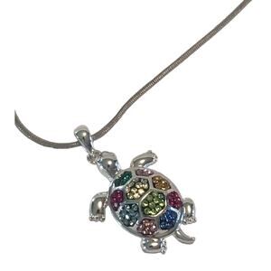 JCM China Turtle Silver Tone Rope Pendant Necklace Rainbow Crystal Rhinestones